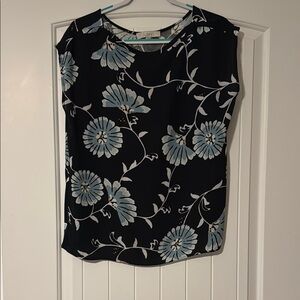 LOFT Black Fitted Blouse with Floral Design